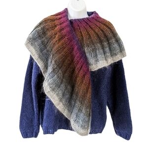 Hand knit rainbow shawl wrap wool mohair blend sweater blue large @A